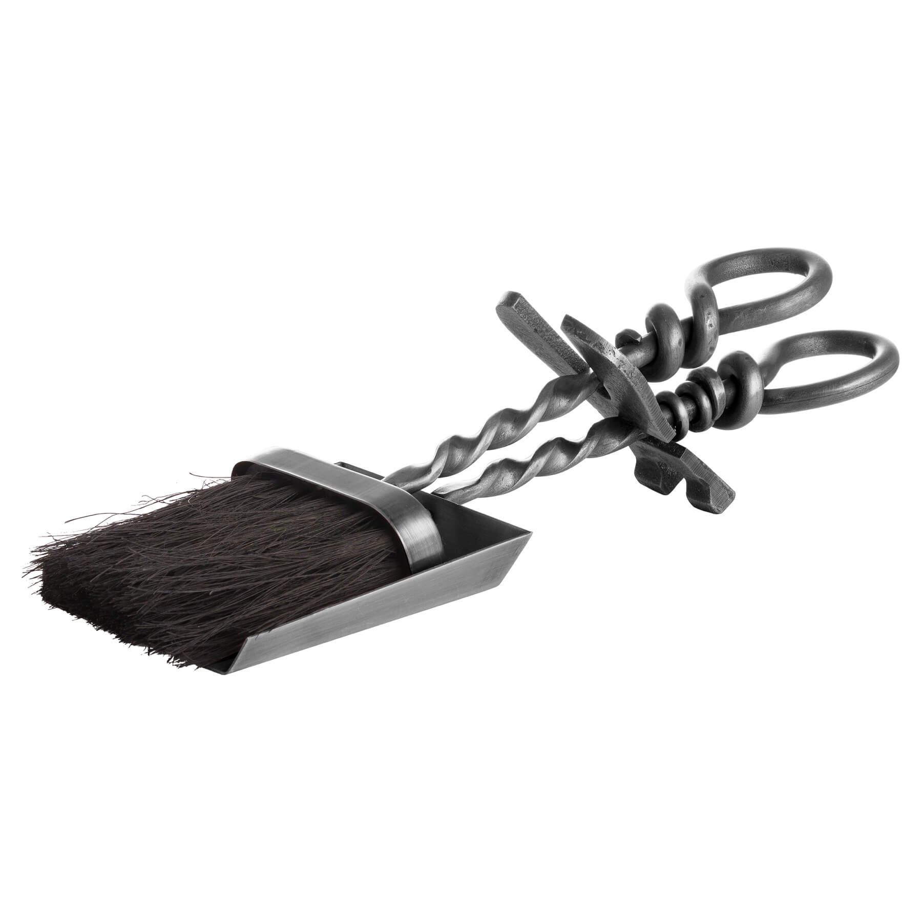 Handcrafted silver hearth set with twisted steel handles, matching brush and shovel, Victorian-inspired fireplace accessory. by sostter at brixbailey.com