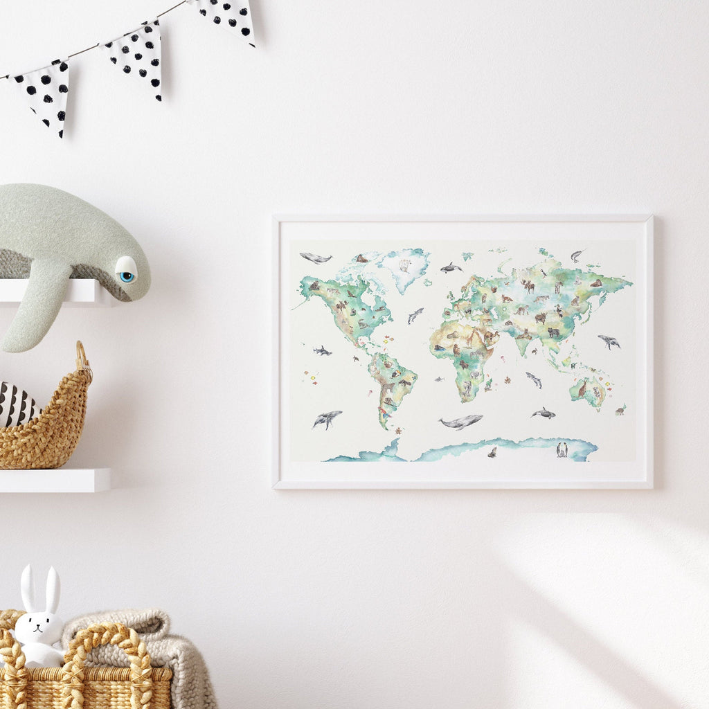 Hand Painted Wildlife World Map Print for Children
