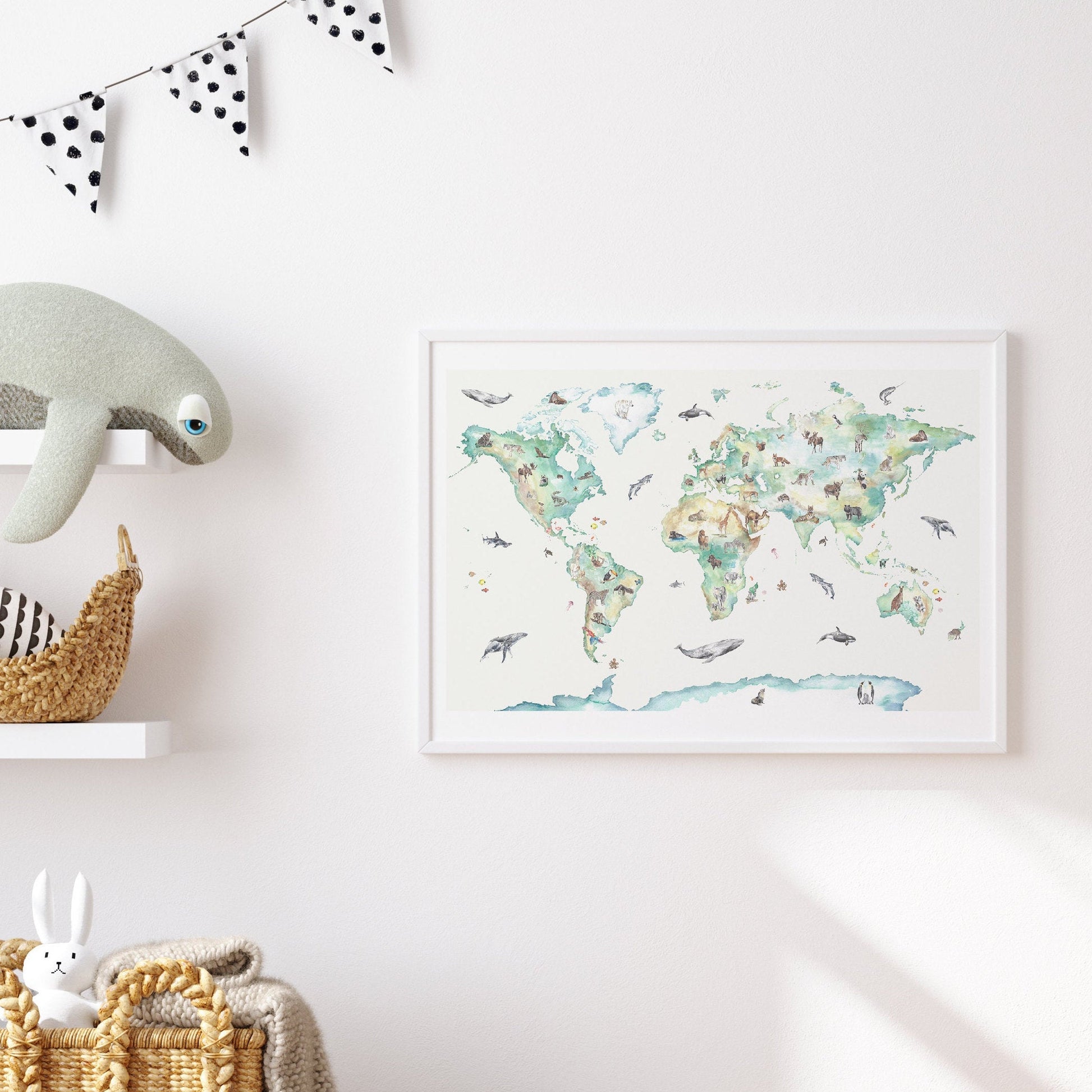 Hand Painted Wildlife World Map Print for Children