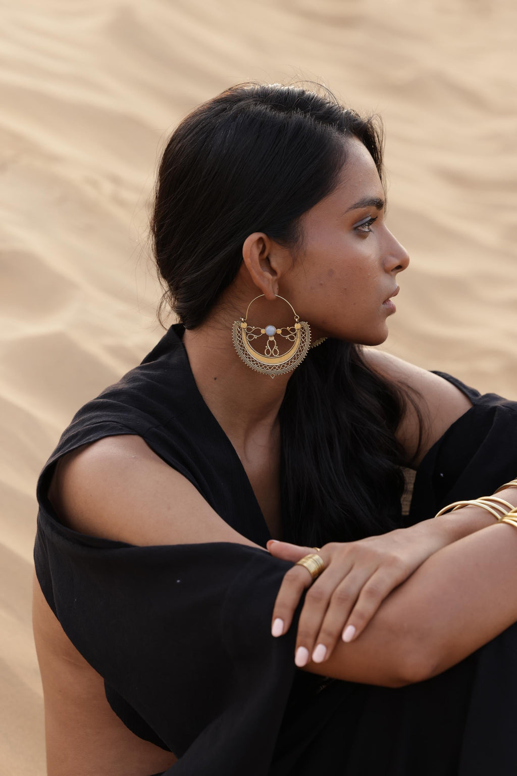 Filigree Crescent Moon Earrings with Gemstone