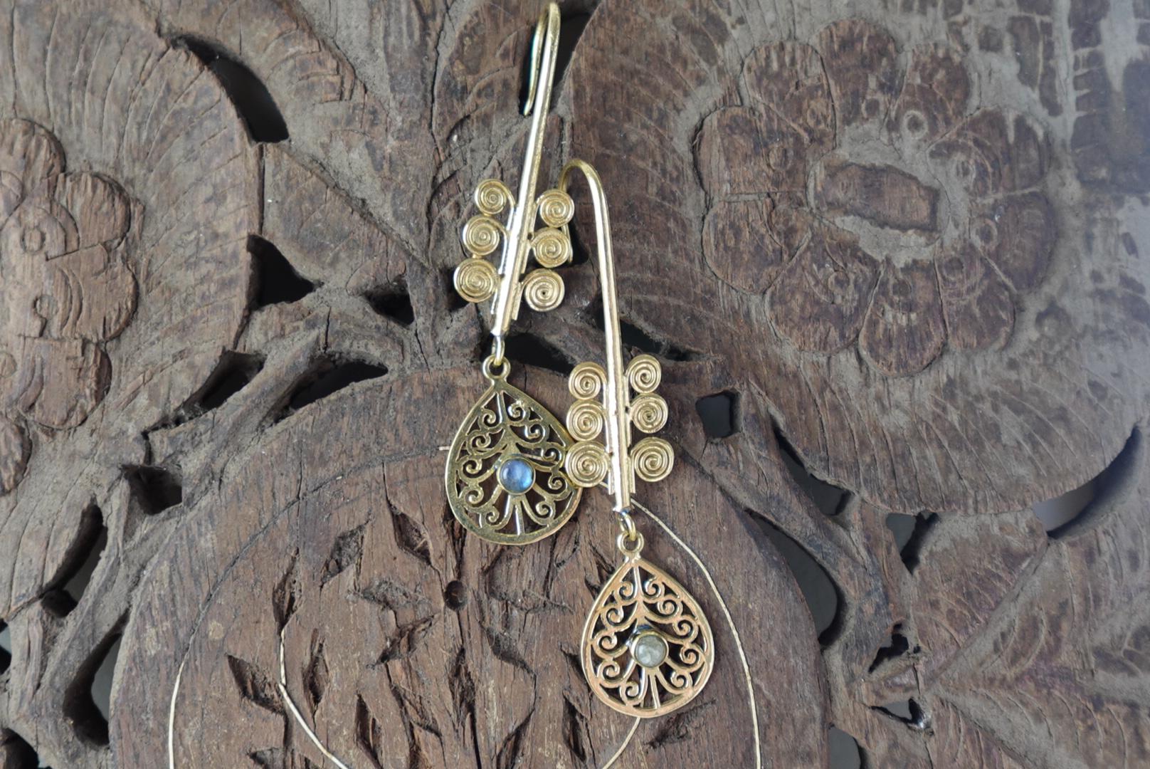 Mandala Filigree Drop Earrings in Brass with Spiral and Gem Detail