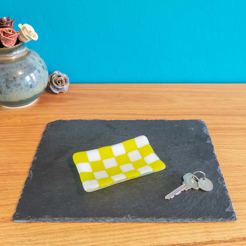 Handcrafted Chequered Glass Tray in White and Colour