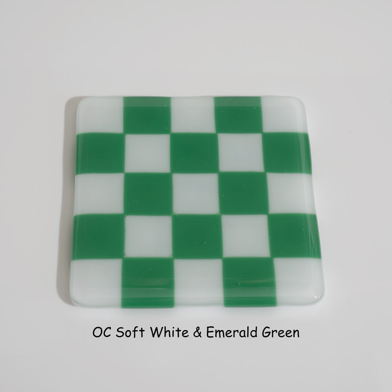10cm Chequered Soft White Fused Glass Coaster