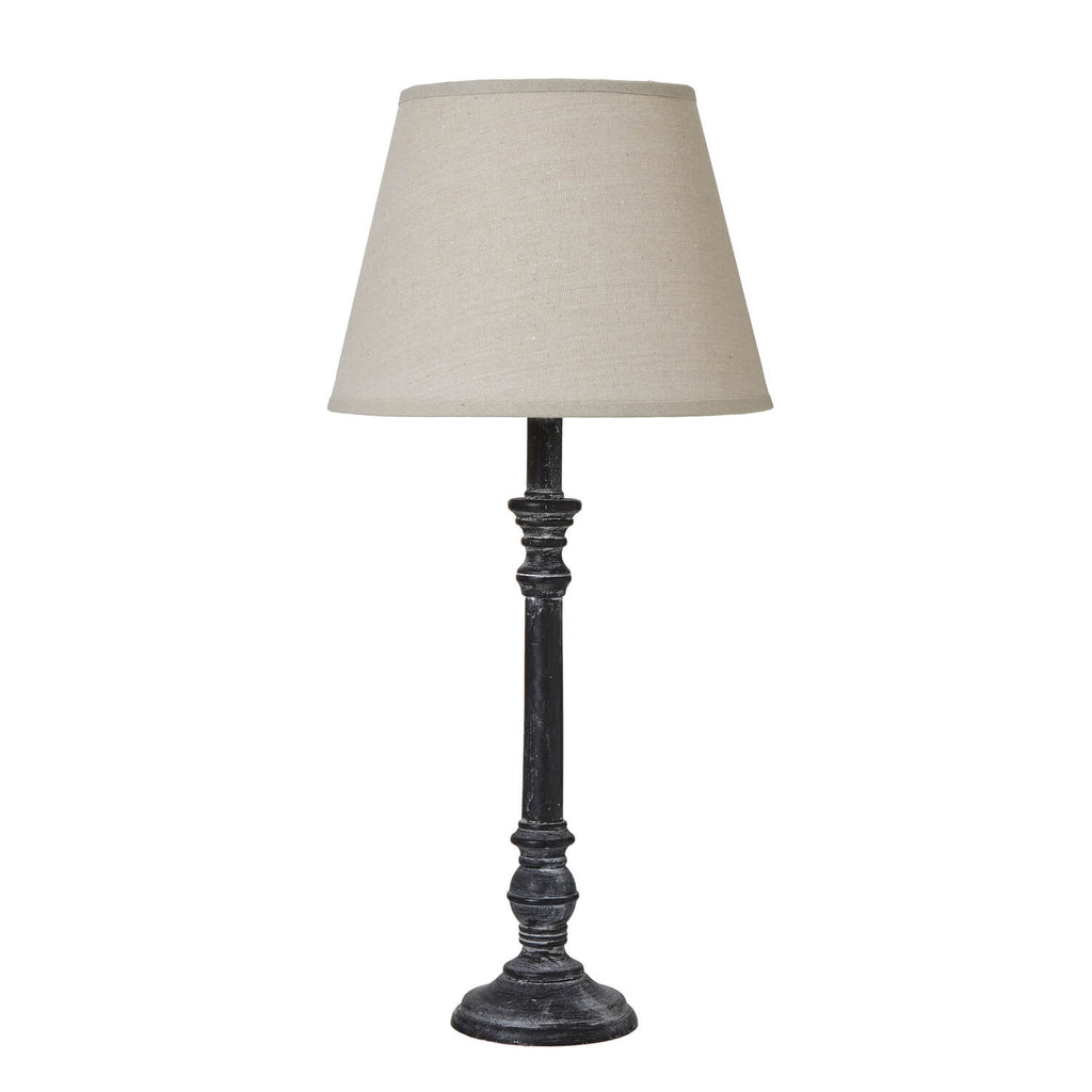 Grey Isca Stem Table Lamp with linen shade, minimalist wood design for warm ambient lighting by Sostter at brixbailey.com