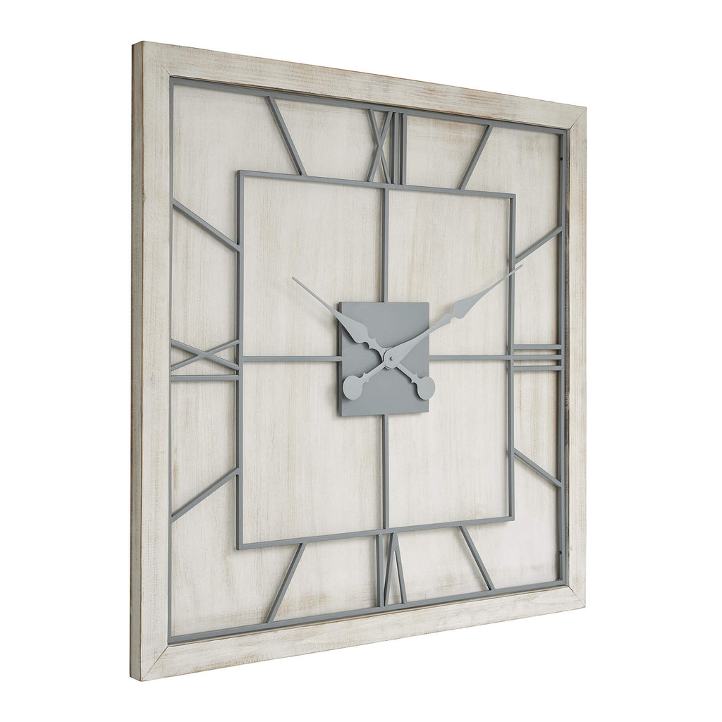 White square wall clock with light grey Roman numerals on wooden frame, skeleton-style face, modern farmhouse decor. by sostter at brixbailey.com