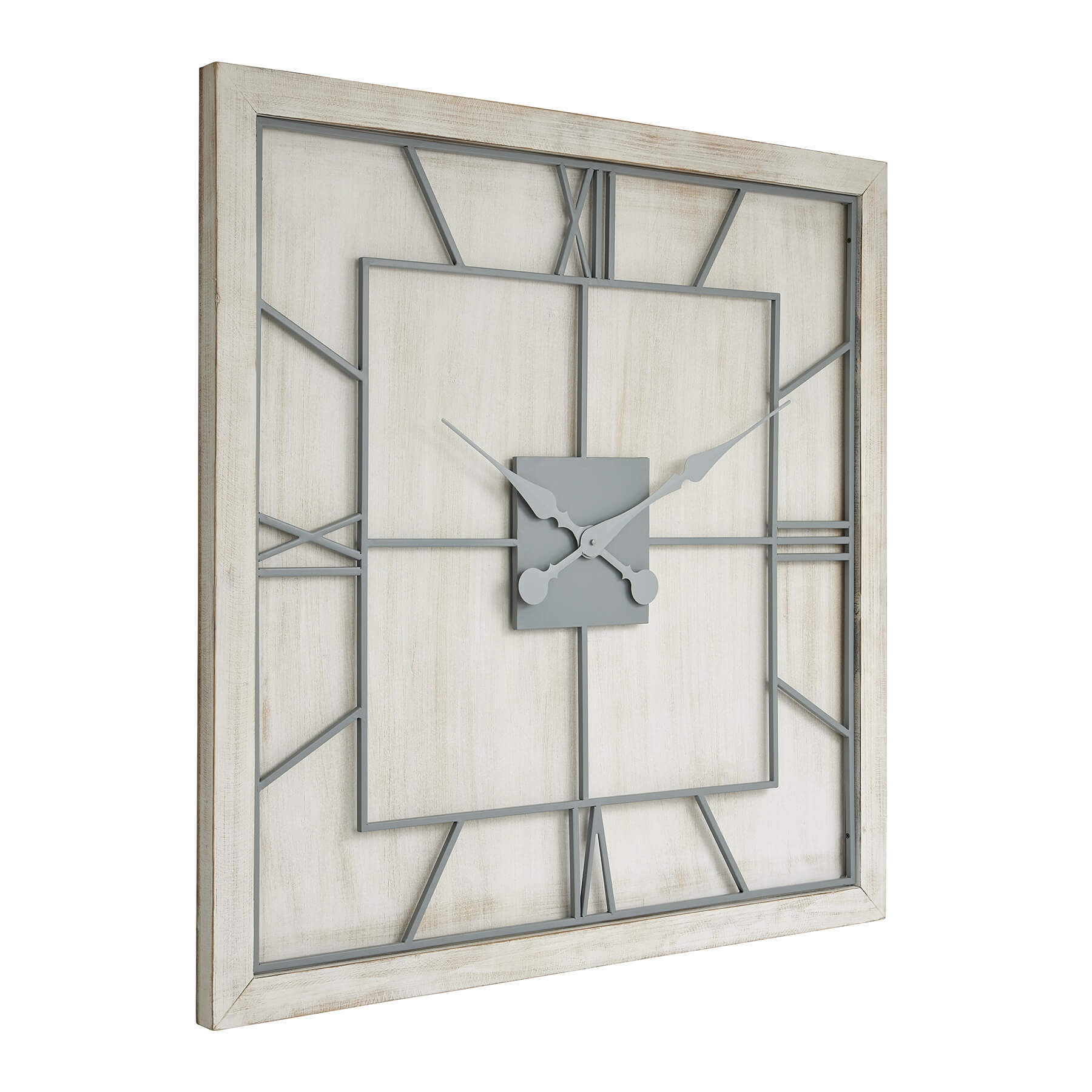 White square wall clock with light grey Roman numerals on wooden frame, skeleton-style face, modern farmhouse decor. by sostter at brixbailey.com
