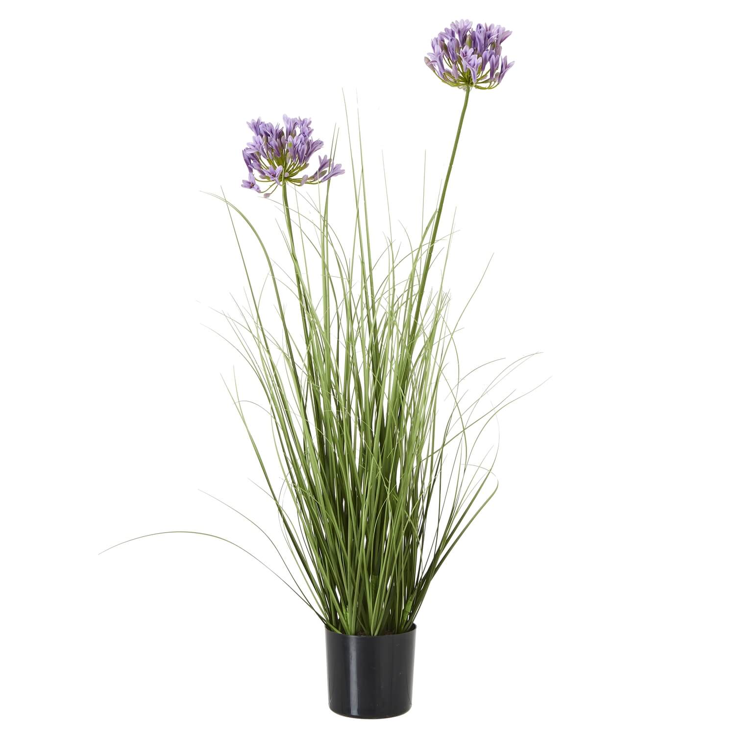 Purple faux agapanthus in black pot with emerald green stems, lifelike artificial flowers for home decor. by Sostter at brixbailey.com