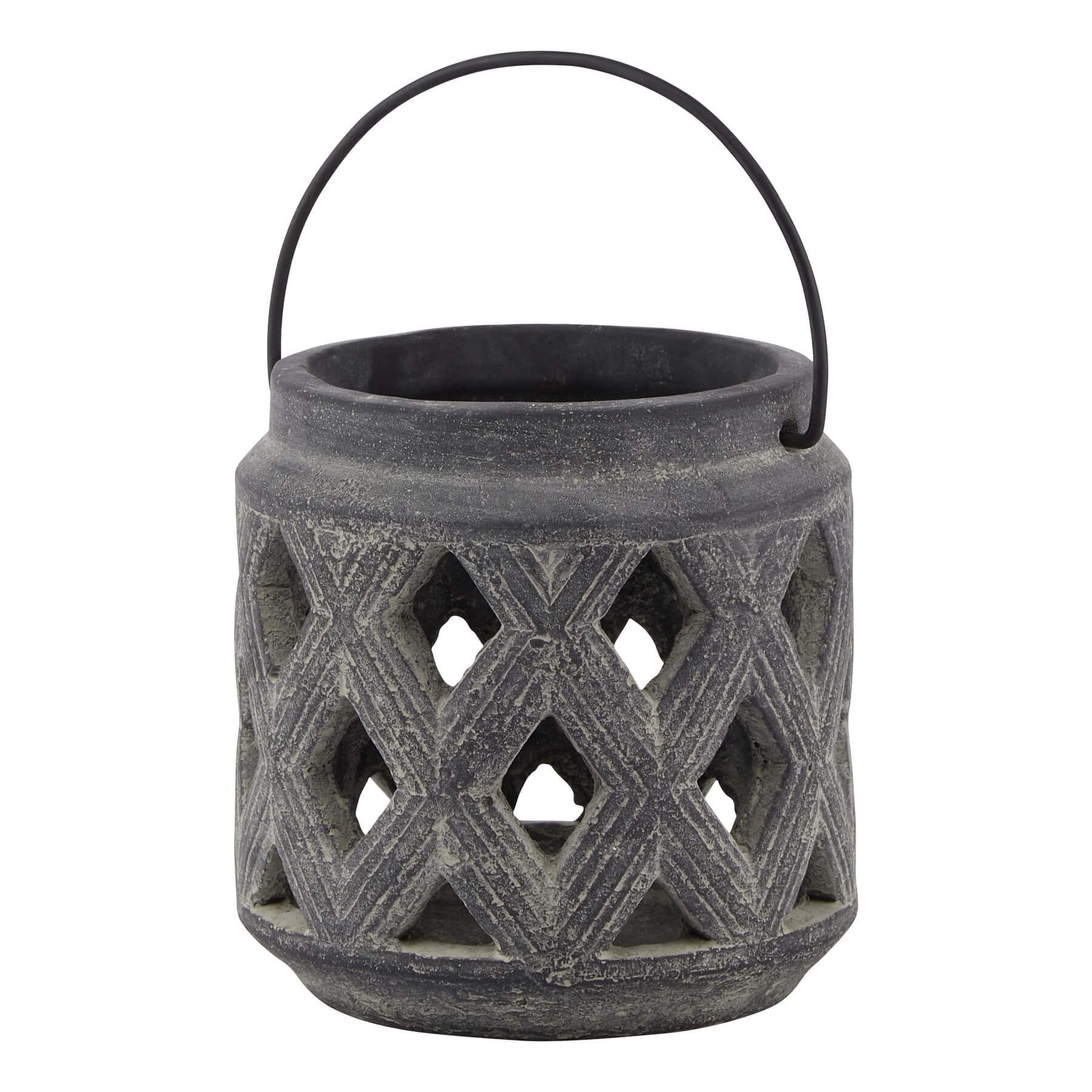 Grey ceramic lattice lantern with geometric Mediterranean patterns, casting intricate shadows when lit. by Sostter at brixbailey.com