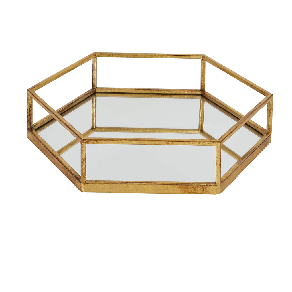 Gold-accented hexagonal glass serving trays, set of two with nested design for elegant table decor by Sostter at brixbailey.com