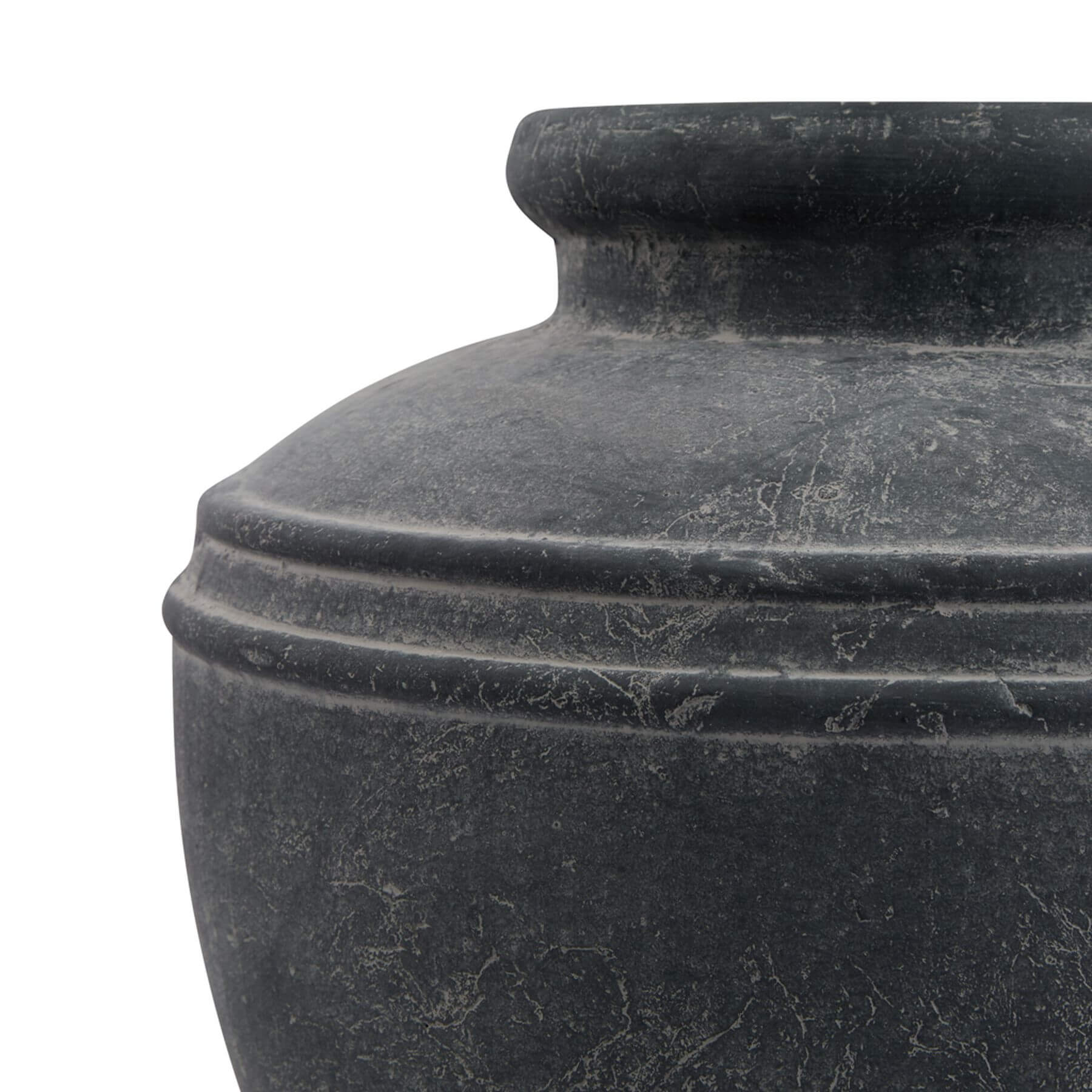 Handcrafted weathered grey ceramic water pot with ribbed detailing, Mediterranean-inspired home decor. by Sostter at brixbailey.com