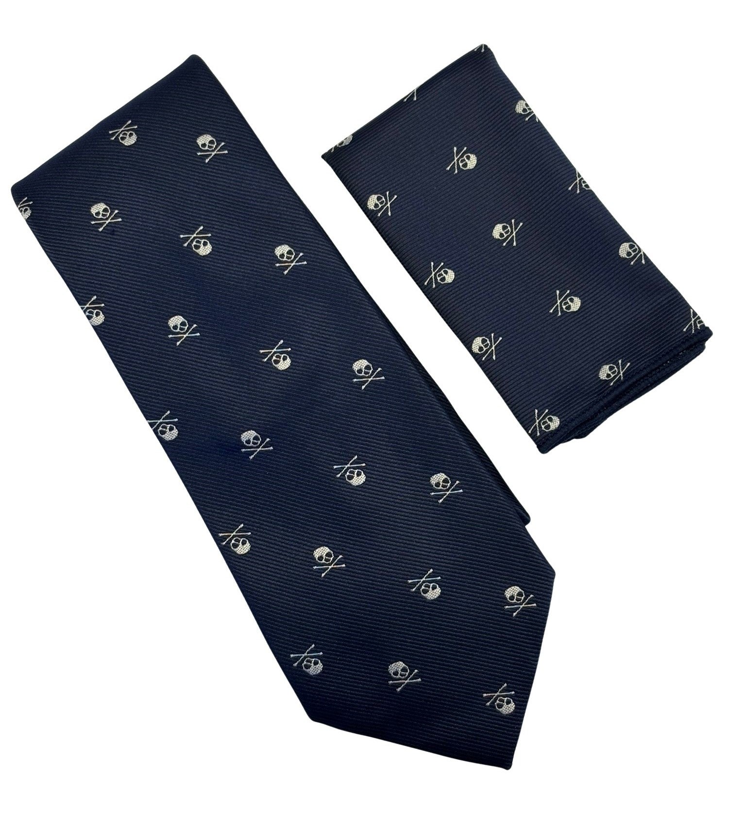 Navy Tie and Pocket Square with Skull and Crossbones