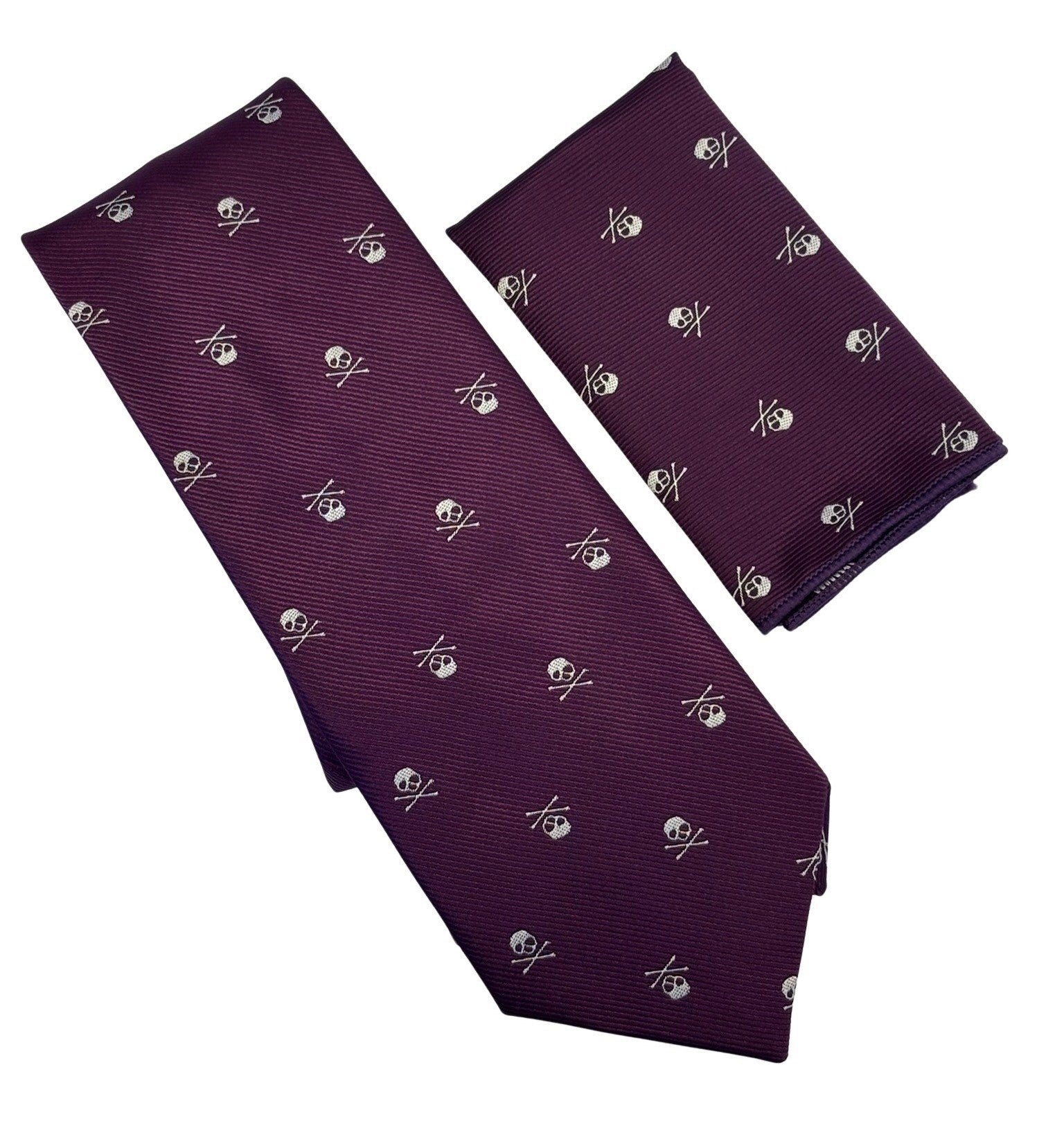 Purple Tie and Pocket Square with Skull and Crossbones