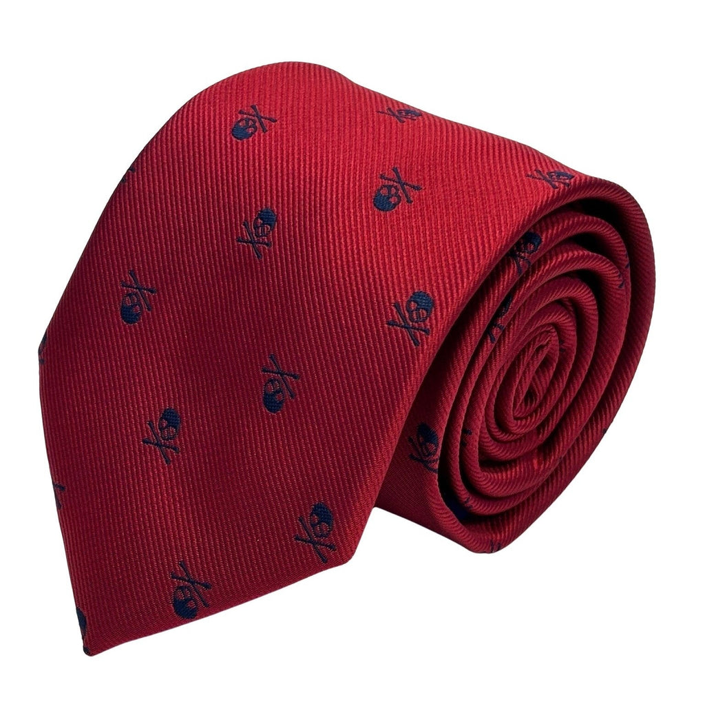 Dark Red Tie and Pocket Square with Navy Skull and Crossbones