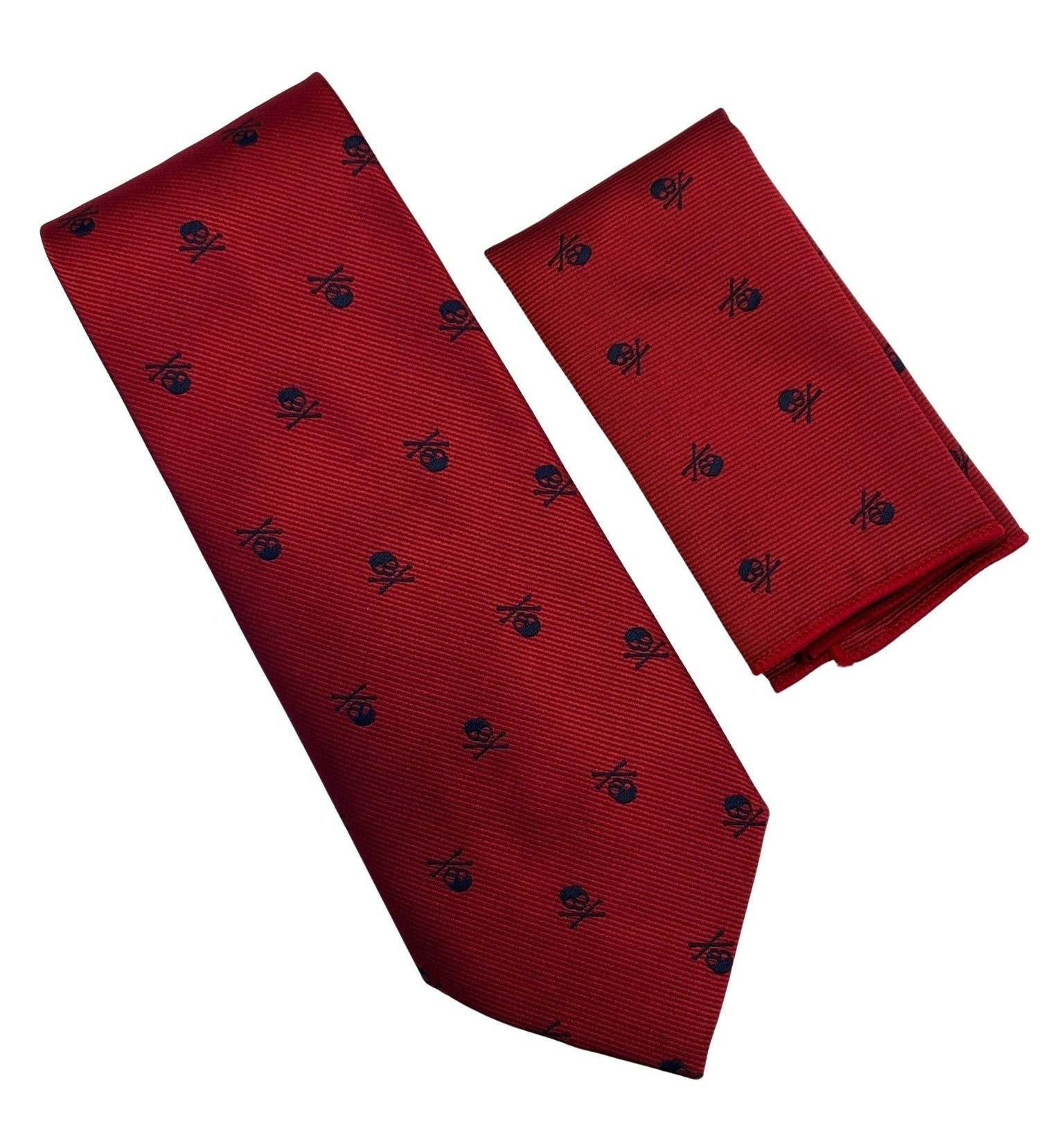 Dark Red Tie and Pocket Square with Navy Skull and Crossbones