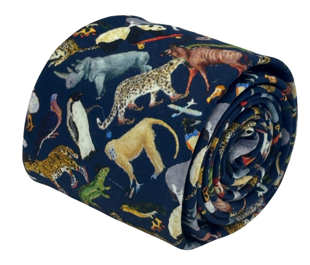 Navy Blue Cotton Tie with Liberty Jungle Animal Design