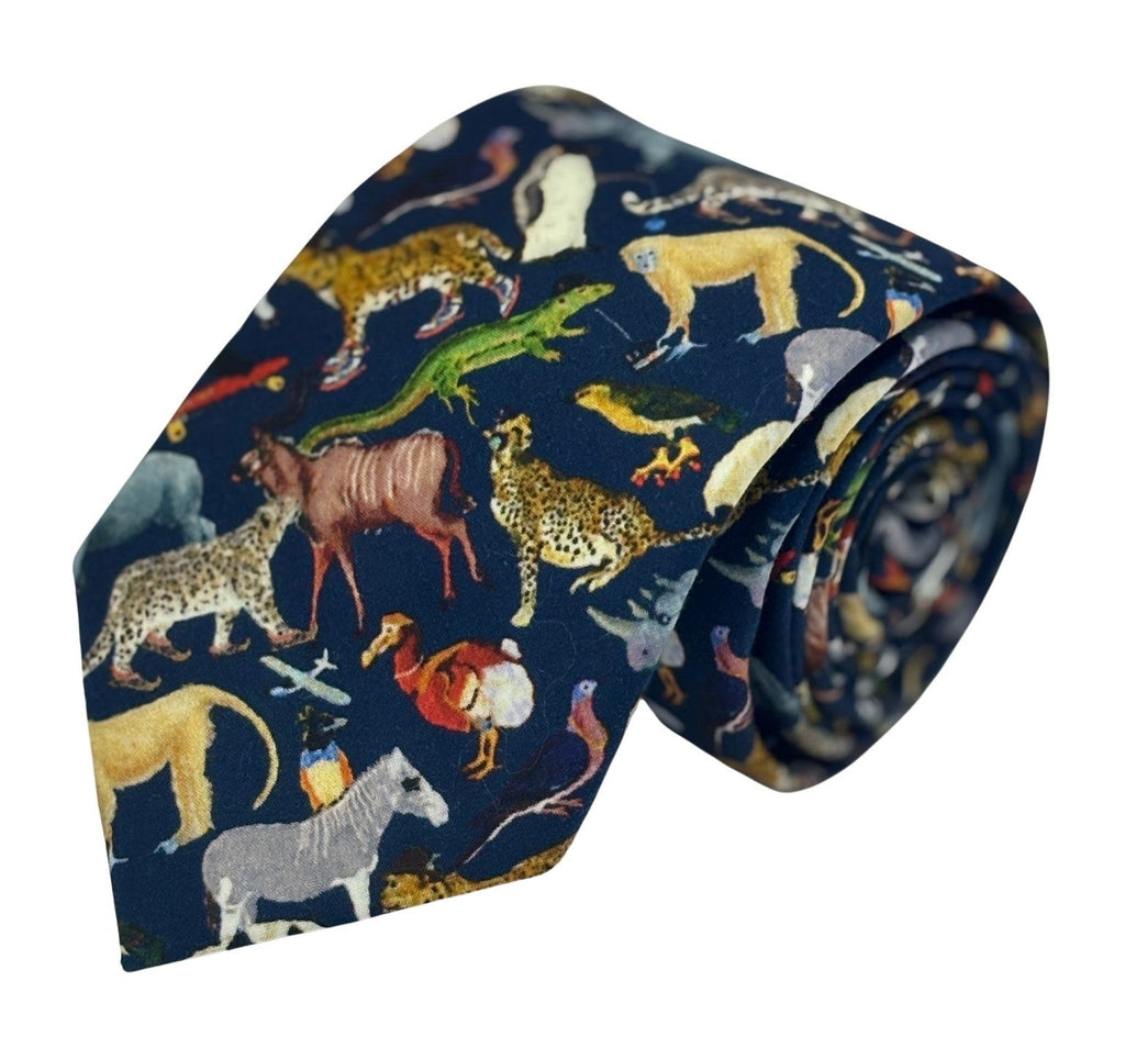Navy Blue Cotton Tie with Liberty Jungle Animal Design