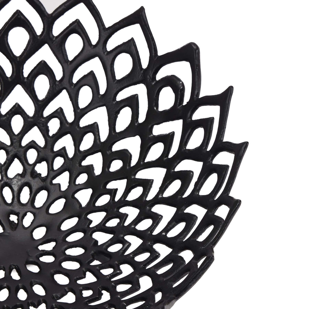 Black perforated steel lattice bowl creating mesmerizing light and shadow patterns, modern home decor centerpiece. by RoomLondon at brixbailey.com
