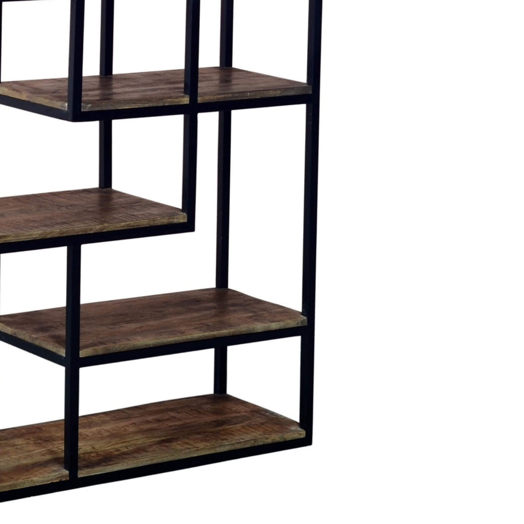Industrial metal shelf unit with six distressed brown shelves, open framework, and heavy-duty storage capacity. by sostter at brixbailey.com