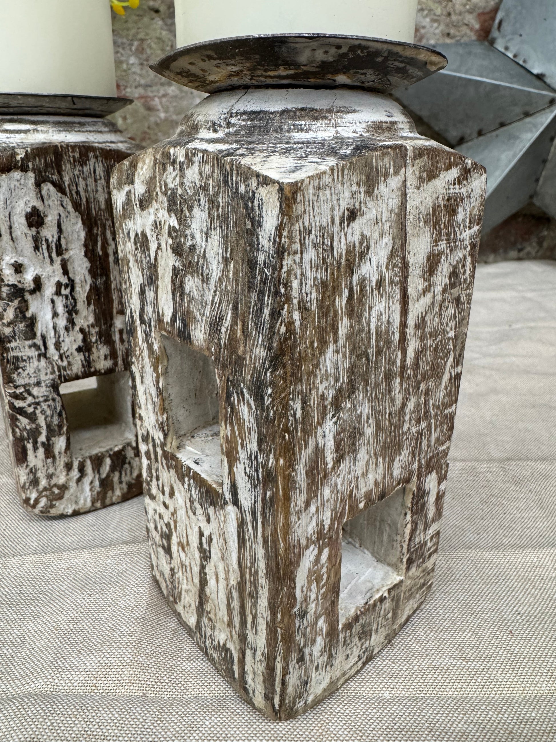 Pair of Rustic Wooden Candle Holders Large