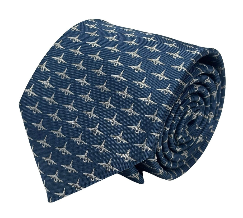 Medium Denim Blue Tie with Fighter Aeroplane Design