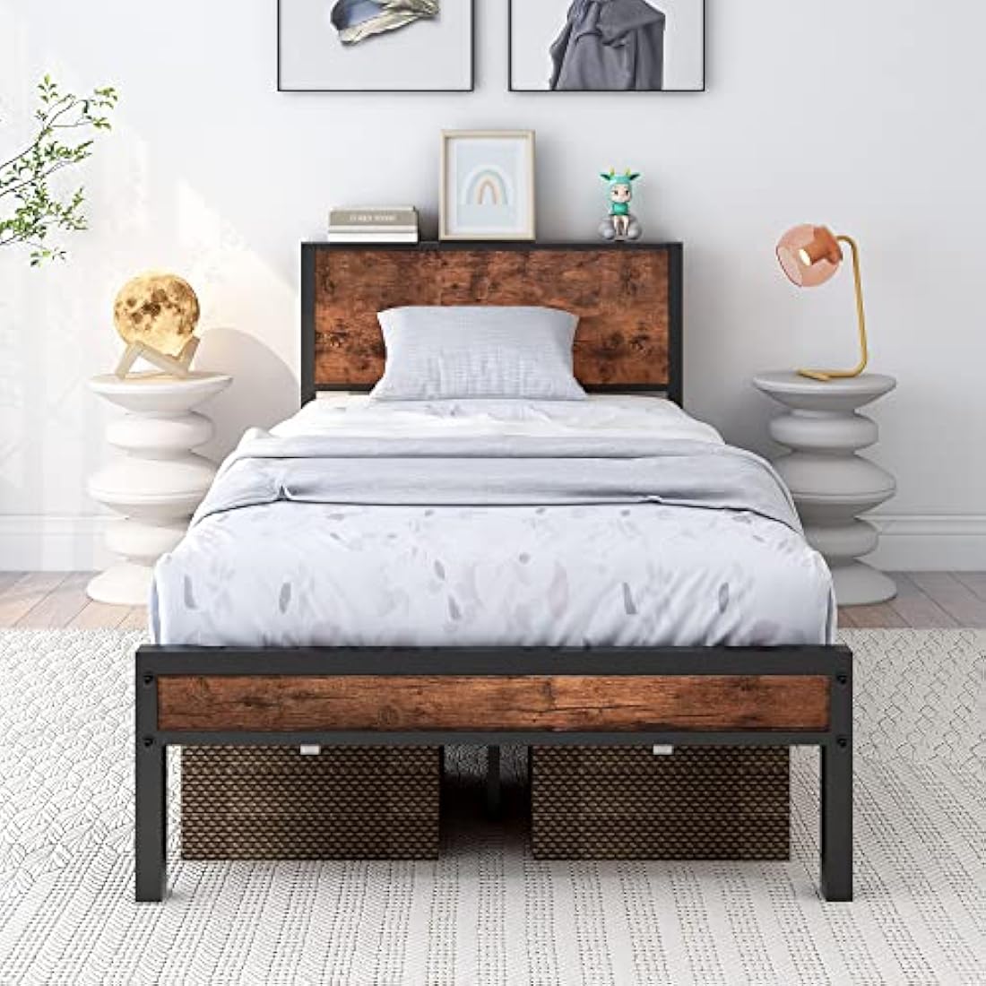 Single Bed Frame with Wooden Storage Headboard Shelf, Metal Frame, Black and Brown Oak