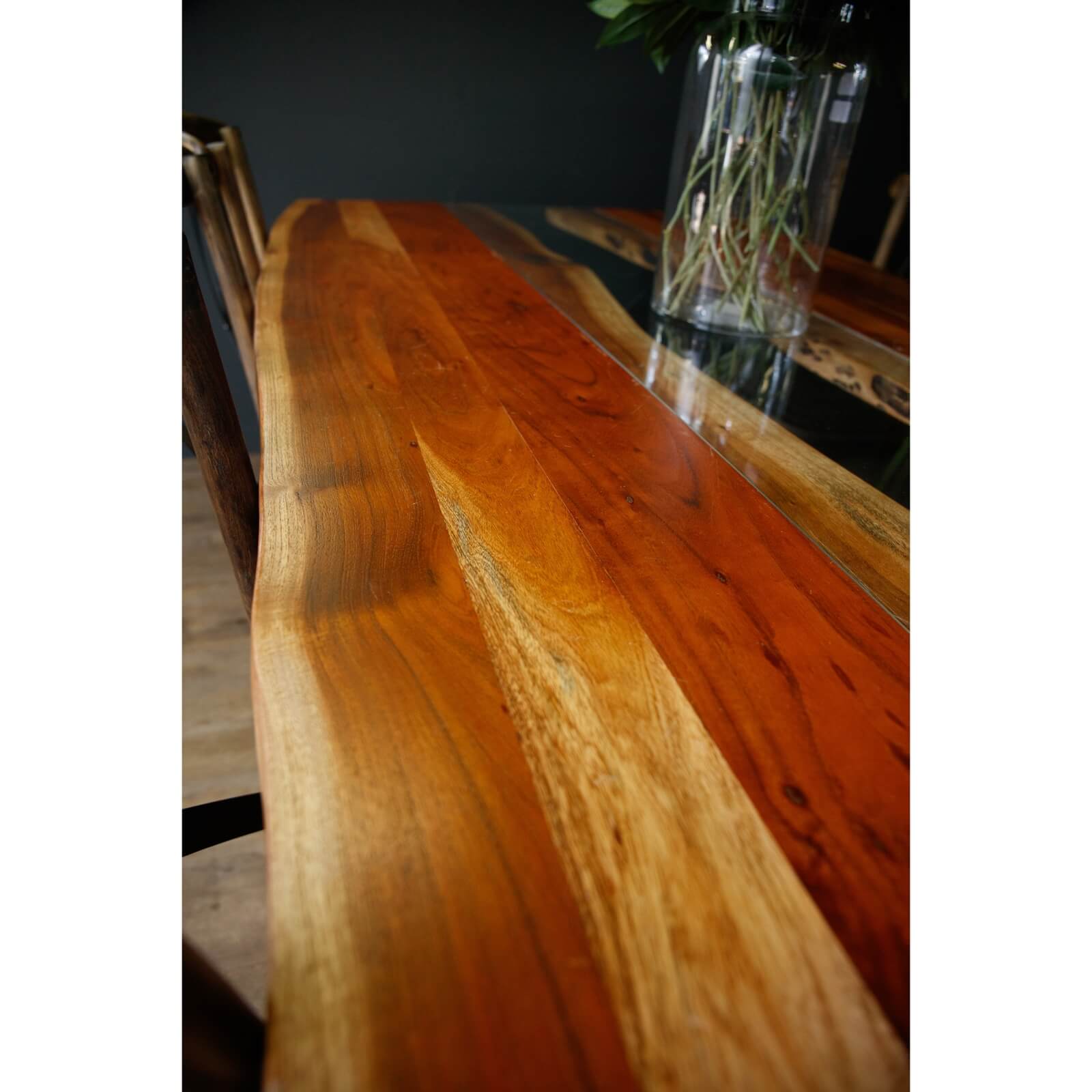 Live edge river dining table with acacia wood, glass center, and black steel legs, modern rustic design. by RoomLondon at brixbailey.com