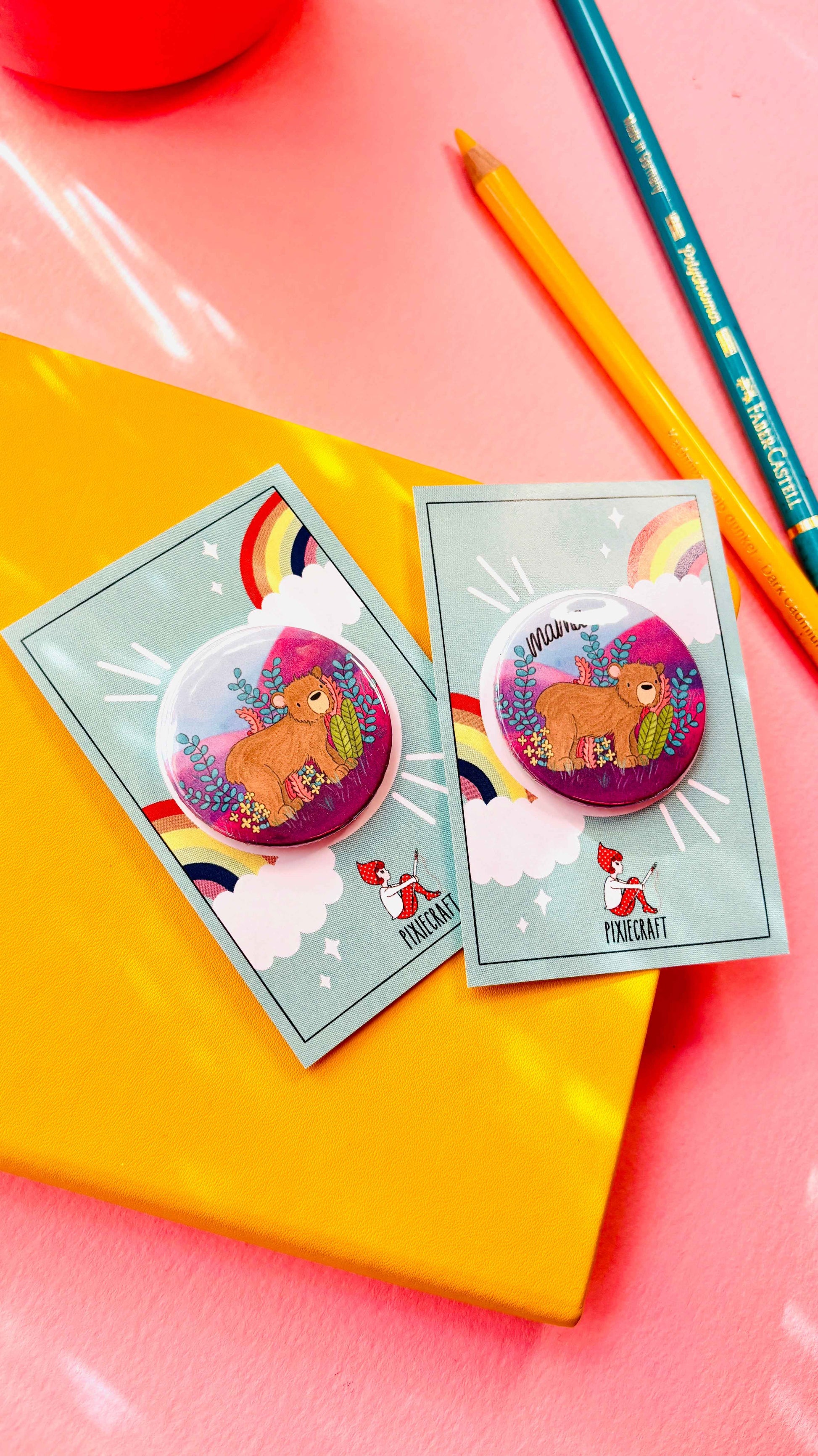 Brown Bear Illustrated Pin Badge or Magnet