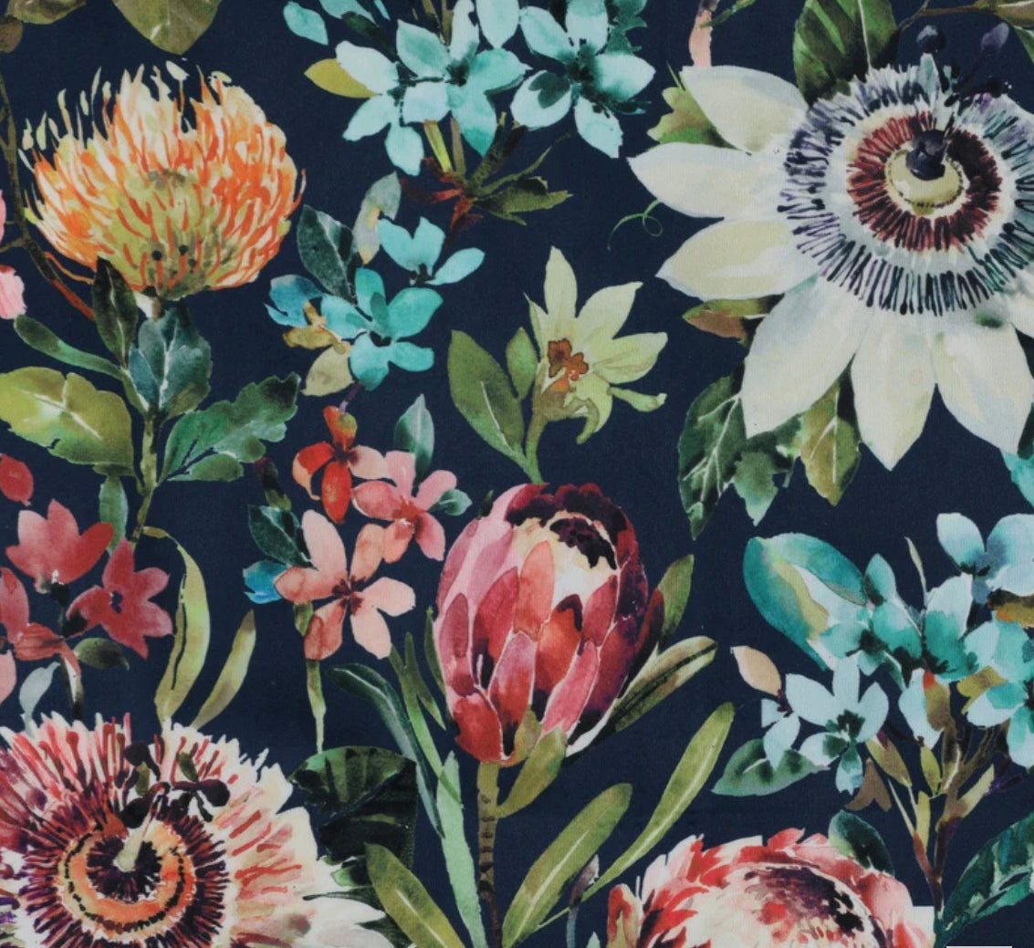 Summer garden velvet in midnight, drum lampshade /ceiling shade with a white lining