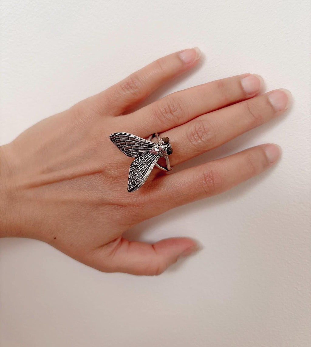 Adjustable Brass Insect Wing Ring Antique Gold Statement Jewelry