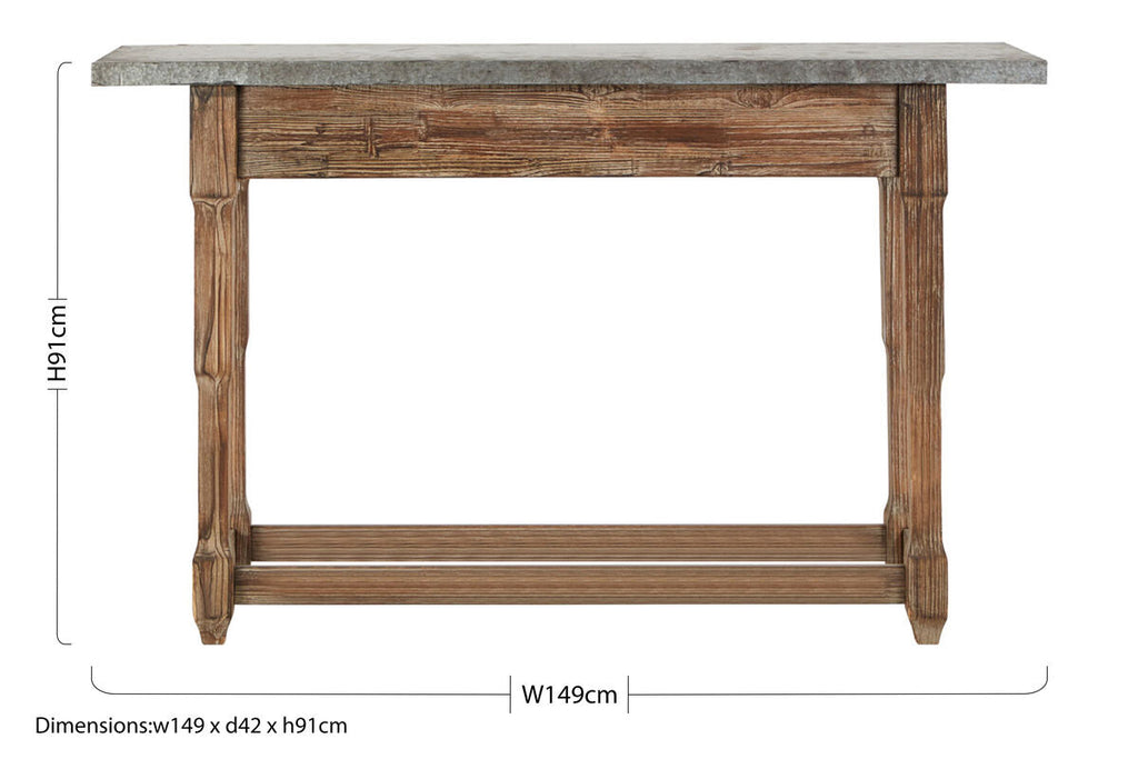 Grey Metal Top Console Table with Carved Wooden Legs