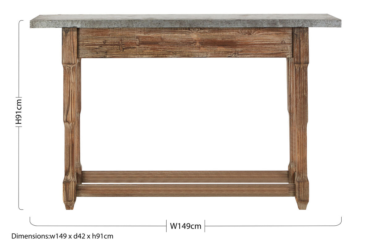 Grey Metal Top Console Table with Carved Wooden Legs