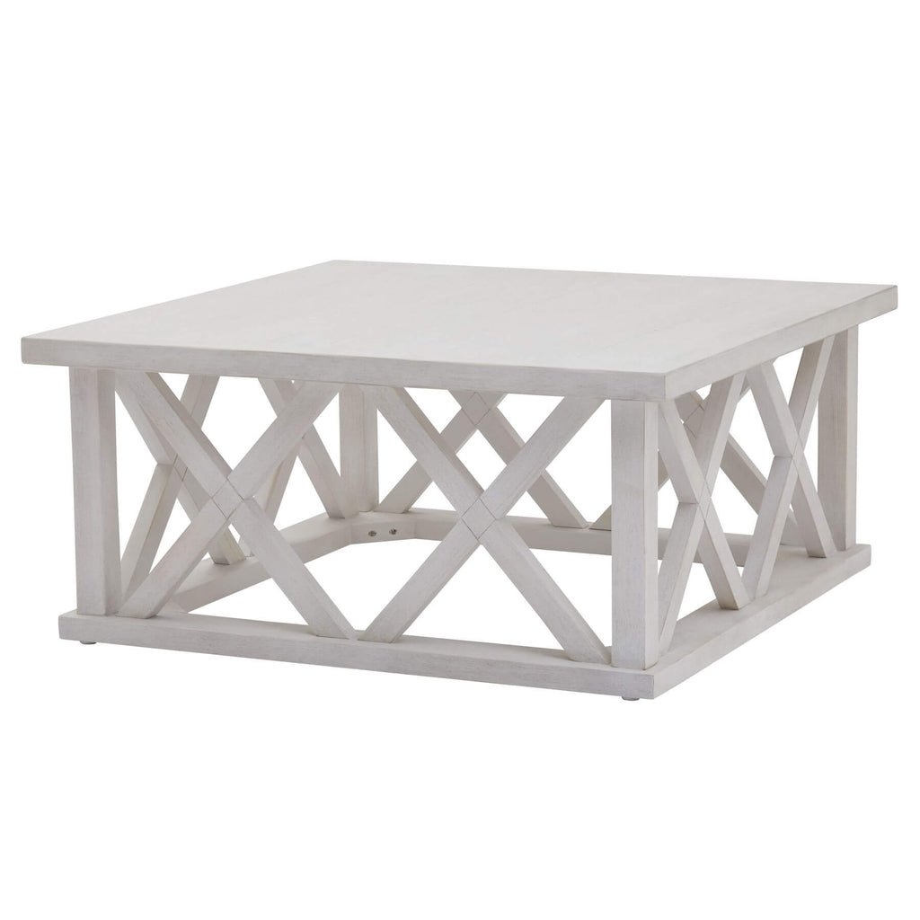 Handcrafted square coffee table with lattice design in distressed white pine, modern farmhouse style, 100cm wide. by Sostter at brixbailey.com