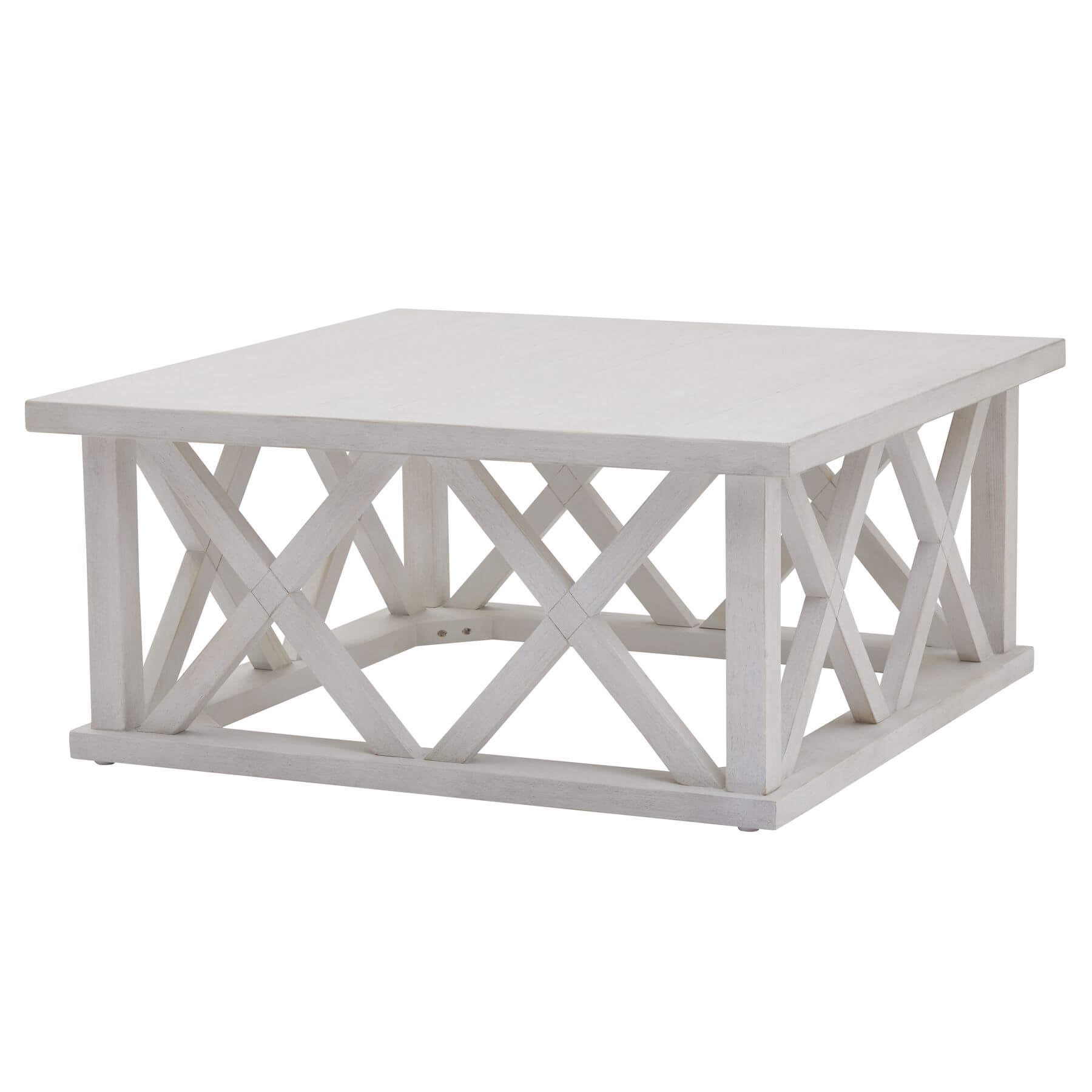 Handcrafted square coffee table with lattice design in distressed white pine, modern farmhouse style, 100cm wide. by Sostter at brixbailey.com