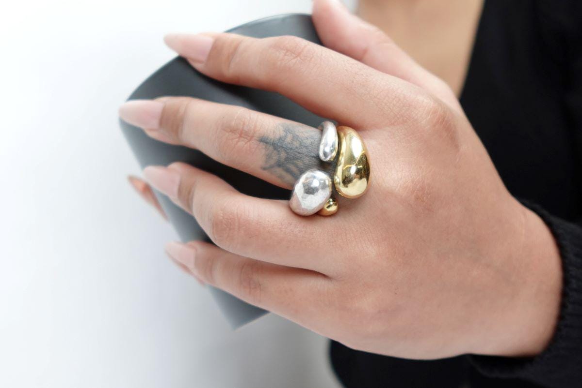 Boho Nugget Statement Ring in Brass and Silver
