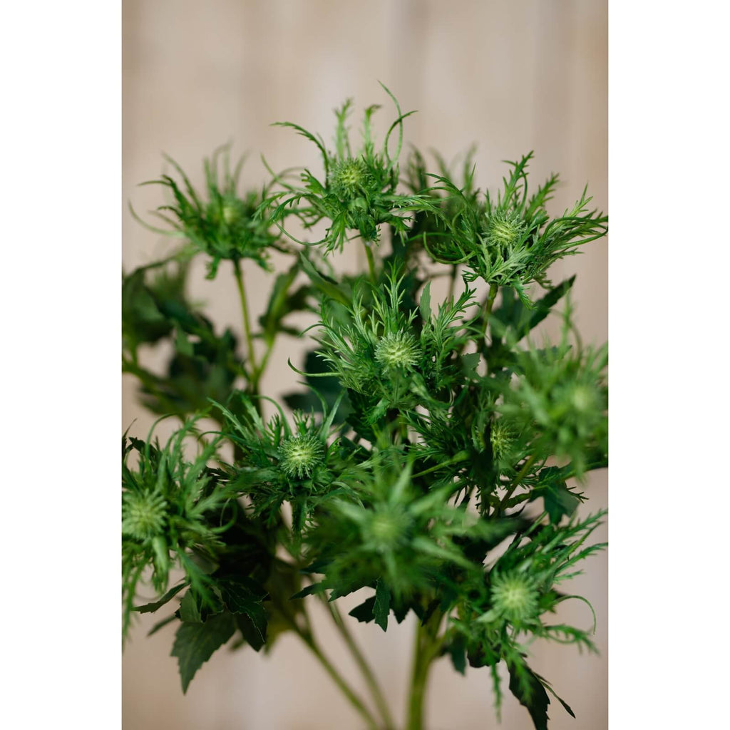 Lifelike sea holly spray with vibrant green plastic stems, perfect for coastal or rustic home decor by sostter at brixbailey.com