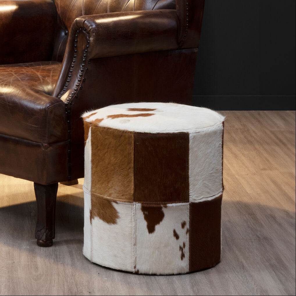 Kensington Townhouse Brown And White Cowhide Hair on Leather Stool