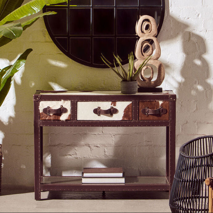Kensington Townhouse Brown And White Genuine Cowhide 3 Drawer Table