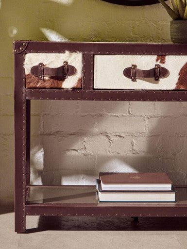 Kensington Townhouse Brown And White Genuine Cowhide 3 Drawer Table