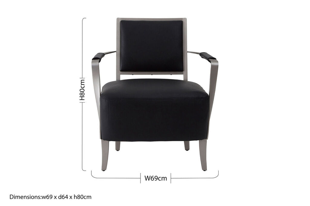Black Leather Armchair with Brushed Steel Frame