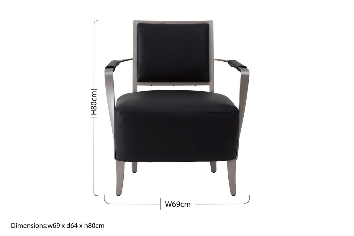 Black Leather Armchair with Brushed Steel Frame
