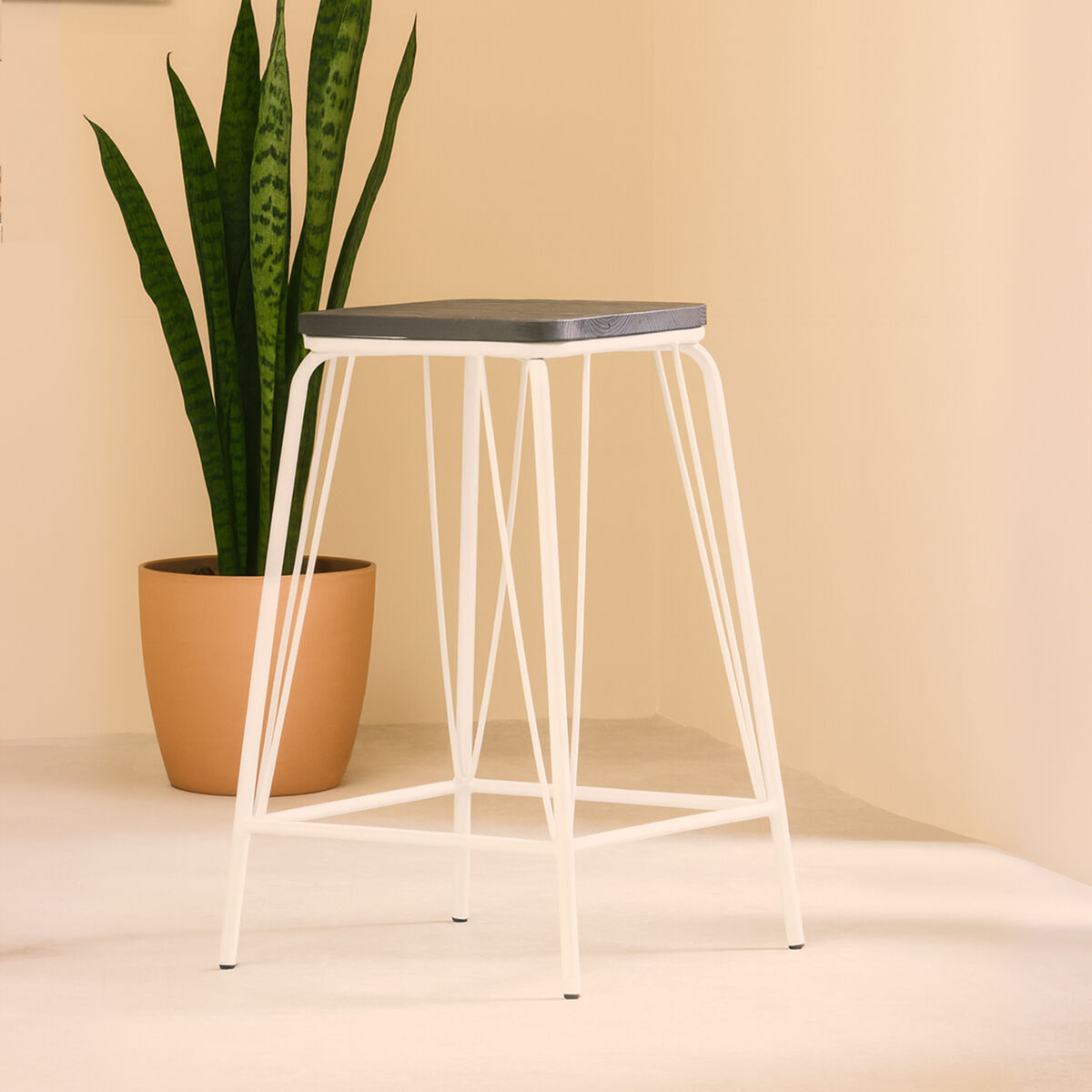 White Metal and Elm Wood Counter Stool