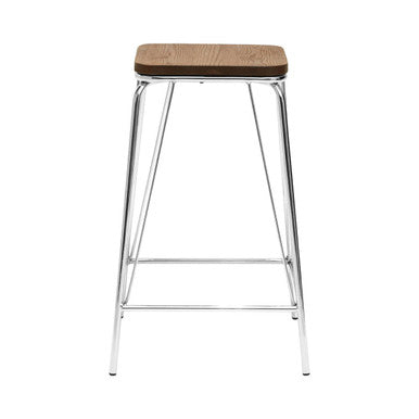 Chrome and Elm Wood Square Bar Stool