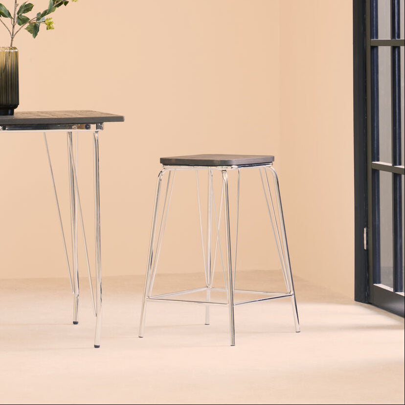 Chrome and Elm Wood Square Bar Stool
