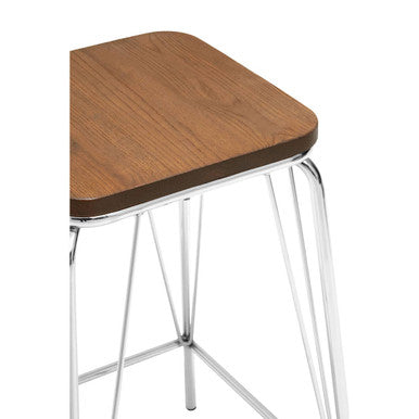 Chrome and Elm Wood Square Bar Stool