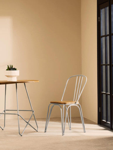 Grey Metal and Natural Elm Wood Round Dining Table