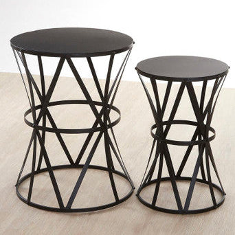 Set of 2 Black Round Metal Top Nesting Side Tables with Cross Lattice Frame