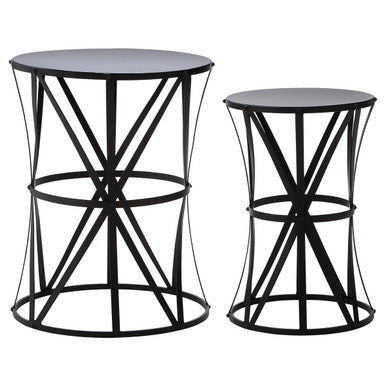 Set of 2 Black Round Metal Top Nesting Side Tables with Cross Lattice Frame