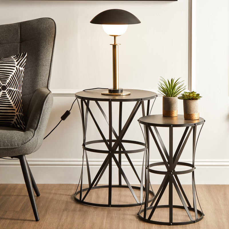 Set of 2 Black Round Metal Top Nesting Side Tables with Cross Lattice Frame