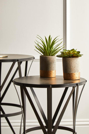 Set of 2 Black Round Metal Top Nesting Side Tables with Cross Lattice Frame