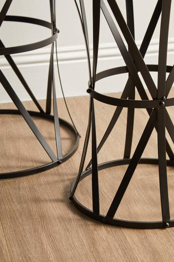 Set of 2 Black Round Metal Top Nesting Side Tables with Cross Lattice Frame